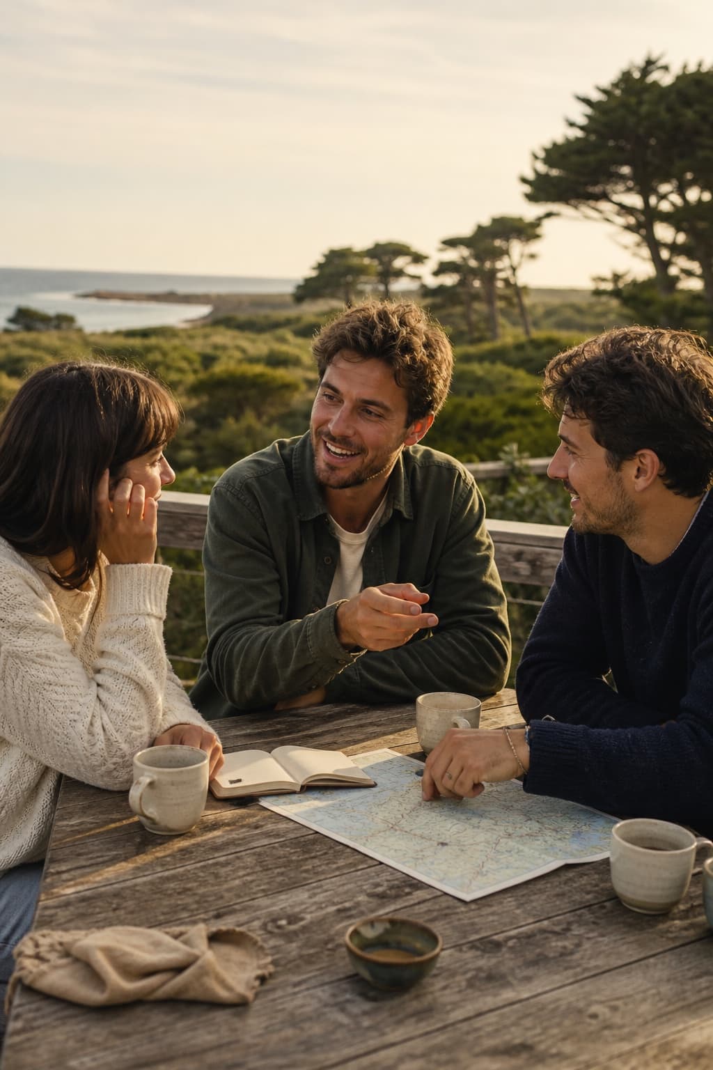 Trois amis échangeant autour d’une carte pour préparer une sortie